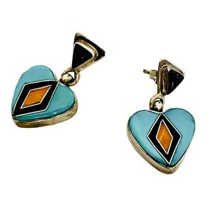 Vintage 925 Sterling Silver Heart Post Earrings With Turquoise Jet And Oyster